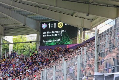 Nach BVB-Spiel: Einen Stimmungsboykott wird es auch zukünftig nicht geben - Aue trennt sich von Borussia Dortmund vor knapp 15.000 Zuschauern mit einem Unentschieden. Foto: Alexander Gerber