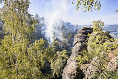 Nach Großbrand auf Pfaffenstein: Tatverdächtigen gestellt - Mehr als 100 Einsatzkräfte der umliegenden Feuerwehren sind mit der Bekämpfung des Brandes beschäftigt. Foto: Marko Förster