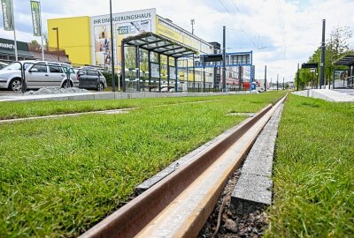 Nach langer Bauzeit: Straßenbahnlinie 1 nimmt Betrieb wieder auf - Die Straßenbahnlinie 1 wurde wieder in Betrieb genommen. An der Haltestelle Reichsstraße wurde das Dach begrünt. Foto: Andreas Seidel