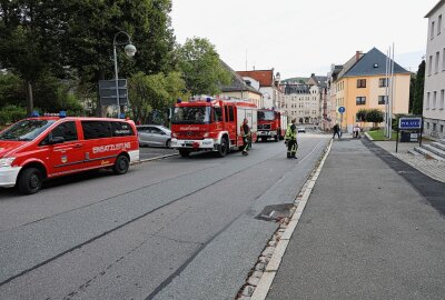 Polizeirevier Aue evakuiert: Feuerwehr wegen Gasgeruch im Einsatz - Das Polizeirevier wurde noch vor Eintreffen der Feuerwehr evakuiert.  Foto: Niko Mutschmann