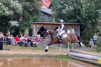 Reiterball, Schalmeien und beeindruckende Leistungen: Ein Rückblick auf das Reitturnier in Langenstriegis - Lilli Werner mit Scapa Flow am Wassereinsprung im Gelände in der Klasse a.