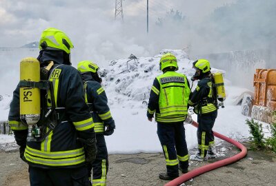 Restmüll geht bei Landkreisentsorgung an  B101 in Flammen auf -  Die Landkreisentsorgung unterstützt die Einsatzkräfte der Feuerwehr. Foto: Niko Mutschmann