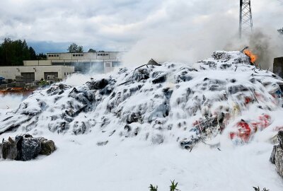 Restmüll geht bei Landkreisentsorgung an  B101 in Flammen auf -  Die Landkreisentsorgung unterstützt die Einsatzkräfte der Feuerwehr. Foto: Niko Mutschmann