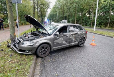 Rettungseinsatz in Chemnitz: Audi streift LKW und kracht gegen Baum - Der Audifahrer befand sich offenbar im toten Winkel des LKW. Foto: ChemPic