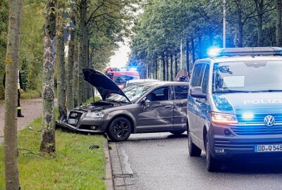 Rettungseinsatz in Chemnitz: Audi streift LKW und kracht gegen Baum - Der Audifahrer befand sich offenbar im toten Winkel des LKW. Foto: ChemPic