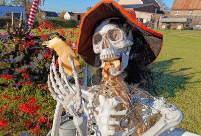 Schaurige Stimmung: Rossauerin verwandelt ihr Zuhause in ein Halloween-Märchen - Wenn Skelette und eine Hexe ihr Unwesen treiben in Rossau. Foto: Andrea Funke