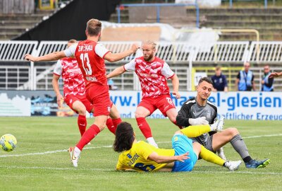 Schwache Schwäne verlieren bei Lok Leipzig! -  Im Bild von links; Mike Könnecke / Koennecke (13, Zwickau), Zak Paulo Piplica (6, Lok), Felix Schlüsselburg / Schluesselburg (23, Zwickau), Torhüter Lucas Hiemann (30, Zwickau). Foto: Picture Point