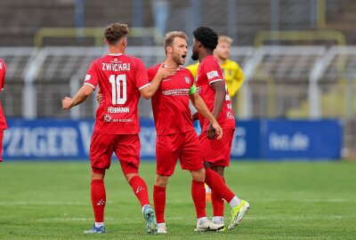 Schwäne verlieren nach Lucky-Last-Minute-Lokomotive-Punch! - Tor für Zwickau, Torjubel nach dem 1:1, Torschütze Mike Könnecke (13, Zwickau). Foto: Picture Point/Gabor Krieg