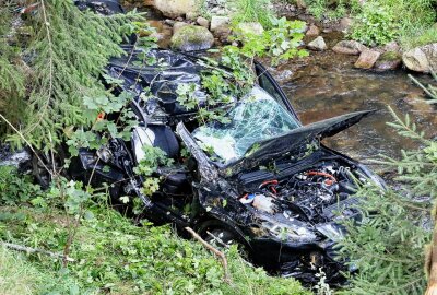 Schwerer Unfall bei Erlabrunn: PKW kollidiert mit Bäumen und landet im Schwarzwasser - Eine Frau musste aus ihrem PKW befreit werden. Foto: Niko Mutschmann