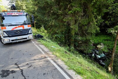 Schwerer Unfall bei Erlabrunn: PKW kollidiert mit Bäumen und landet im Schwarzwasser - Eine Frau musste aus ihrem PKW befreit werden. Foto: Niko Mutschmann