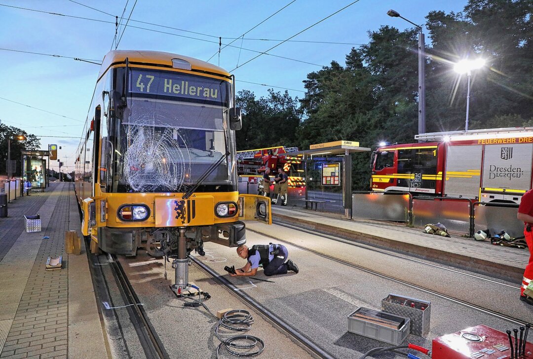 Schwerer Unfall in Dresden: Fußgänger von Straßenbahn erfasst und eingeklemmt - In Dresden wurde ein Fußgänger von einer Straßenbahn erfasst. Foto: Roland Halkasch