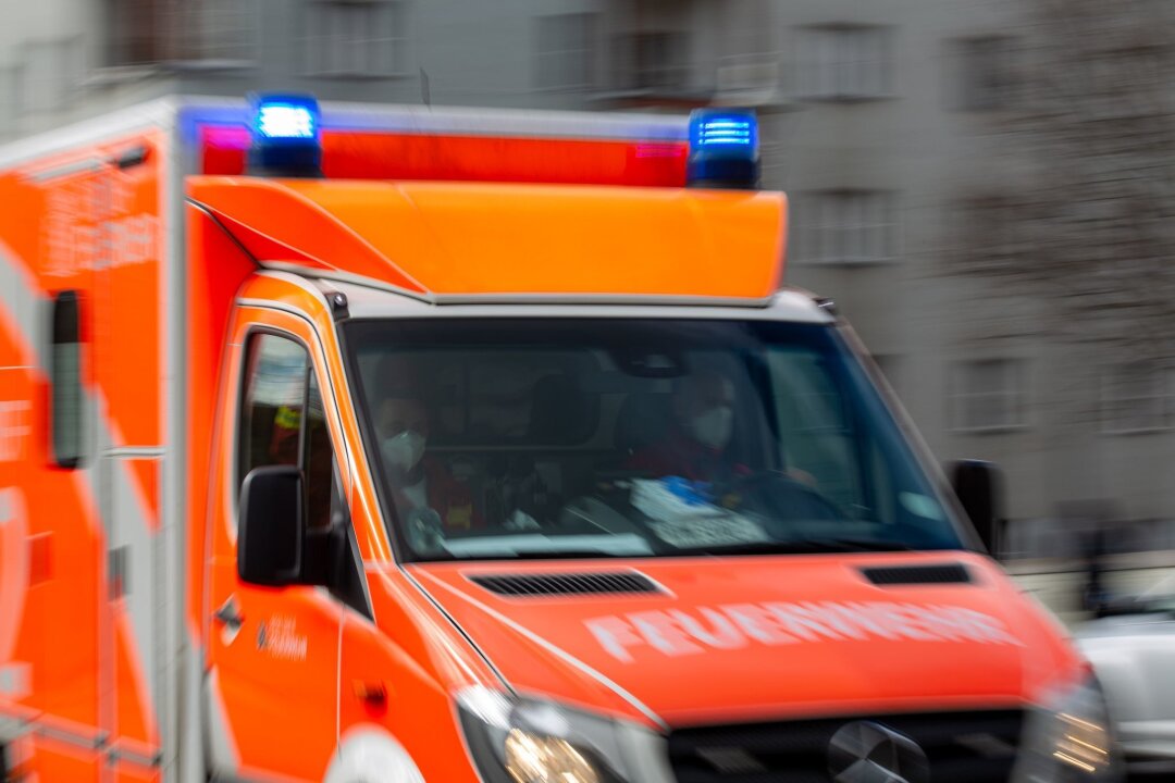 Schwerverletzte Person nach heftiger Kollision: PKW erfasst Mann und Hund im Vogtland - Ein Rettungswagen der Feuerwehr fährt auf einer Straße.