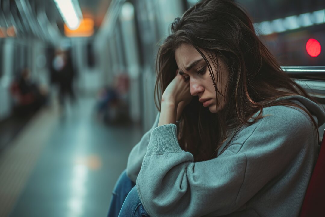 Frau sitzt traurig und nachdenklich in der Bahn.