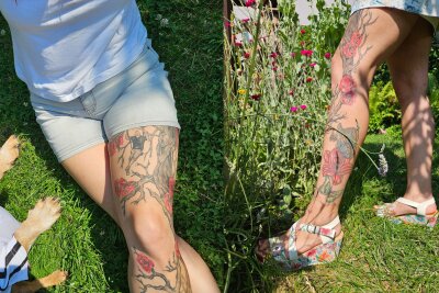 Silkes Tattoo-Welt: Familie, Fußball und ein treuer Hund im Trikot - Tattookunst an ihren langen Beinen.