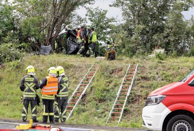 Starkregen und unangepasste Geschwindigkeit: Beifahrerin bei Unfall schwer verletzt - Zwischen Glauchau-Ost und Glauchau-West ist ein Mercedes kurz nach dem Rastplatz "Am Angerberg" von der Fahrbahn abgekommen. Foto: Andreas Kretschel