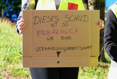 Streik am Erzgebirgsklinikum: Beschäftigte im nicht-ärztlichen Dienst fordern Gerechtigkeit - Mit Trillerpfeifen und Plakaten zogen die Streikenden durch die Stadt. Foto: Andreas Bauer