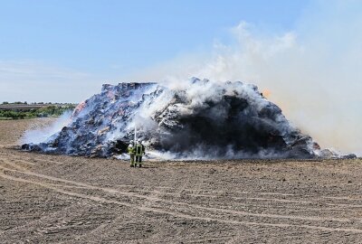 Strohfeim-Brand bei Großpösna: Wind erschwert Löscharbeiten - Der starke Wind fachte das Feuer und damit den Funkenflug enorm an. Foto: Sören Müller