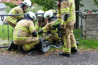 Tierischer Rettungseinsatz in Grimma - Mit hydraulischem Rettungsgerät wurden die Metallstäbe des Tores vorsichtig so weit auseinandergebogen.