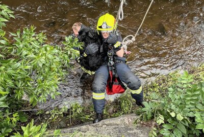 Tierrettung in Annaberg-Buchholz: Feuerwehr rettet hilflosen Hund - Kameraden zogen Hund und Kameradin Aline Püschel nach oben. Bildrechte: Bernd März