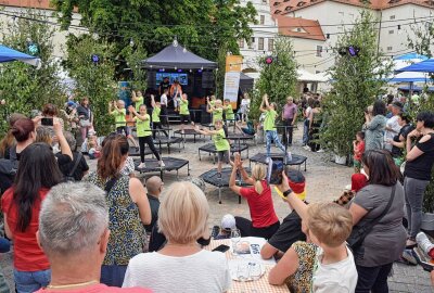 Traditionelle Bergparade zum Stadtfest in Freiberg - Ein Fest der Lebensfreude wurde das Programm an der Bühne des Anzeigenblattes BLICK. Ungezählte Gäste säumten dem Schlossplatz. Kostproben ihrer neuen Spaß-Sport-Disziplin in Freiberg gaben die Crazy Jumpers auf ihren Trampolinen. Foto: Christof Heyden