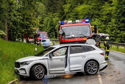 Unfall bei Erlabrunn: E-Auto verursacht aufwendige Bergung - Am Freitagabend ist es zu einem Unfall mit einem Elektroauto gekommen. Foto: Niko Mutschmann