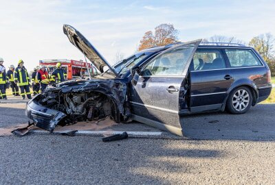 Update: Fünf Verletzte bei Crash zwischen zwei PKW: Skoda überschlägt sich - . Beide Fahrzeuge kollidierten, dabei kam der Skoda ins schleudern und prallte gegen einen Baum und überschlug sich. Foto: Marcel Schlenkrich