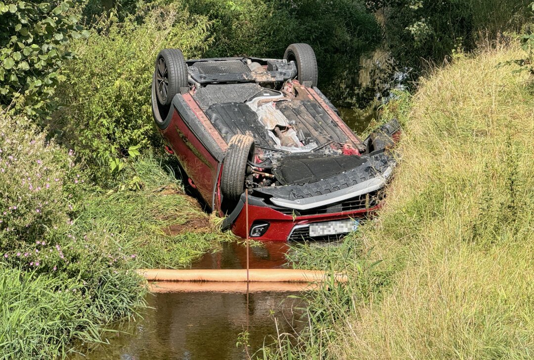 Update: Unfall in Rechtskurve: Ford Kuga überschlägt sich - PKW landet im Bach. Foto: Mike Müller