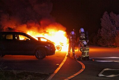 Update zum Brand auf S38 bei Mutzschen: Audi steht in Vollbrand - Der Audi war nach dem Brand nicht mehr zu retten, doch die Feuerwehr verhinderte das Übergreifen der Flammen auf angrenzende Fahrzeuge. Foto: Sören Müller