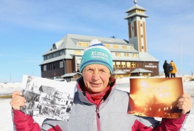 Verheerendes Feuer auf Sachsens Dach hielt Region in Atem - Brigitte Roschers Vater Horst Gäbler, seinerzeit Leiter der Berg-Wetterstation, dokumentierte mit dem Fotoapparat den Fichtelberghaus-Brand. Foto: Thomas Fritzsch/PhotoERZ