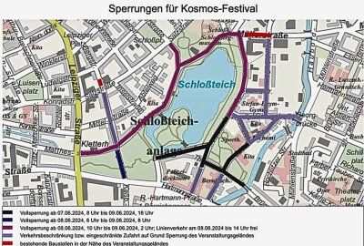 Verkehrsbehinderungen rund ums Kosmos-Festival: Erste Straßen bereits ab Freitagfrüh dicht - Überblick über die Sperrungen für das Kosmos-Festival. Grafik: Stadt Chemnitz