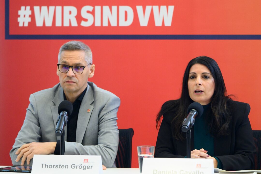 VW-Arbeitnehmer bieten Einsparungen an - Streikdrohung - Gehen mit einem eigene Zukunftskonzept für VW in die Offensive: IG Metall-Verhandlungsführer Thorsten Gröger und Betriebsratschefin Daniela Cavallo.