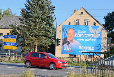 Wahlplakate in Sachsen: Nichtssagend, provokant und teilweise "deutlich drüber" - Auf Größe setzt die AfD auf ihrer Dauerwerbefläche an der Waldenburger Straße in Oberlungwitz. Foto: Jürgen Sorge