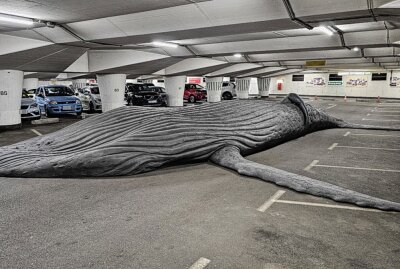 Wal in Chemnitzer Tiefgarage gestrandet, Feuerwehr flutet PKW: Was hat es damit auf sich? - In der Tiefgarage unter dem Theaterplatz in Chemnitz ist ein Wal "gestrandet". Foto: Harry Härtel