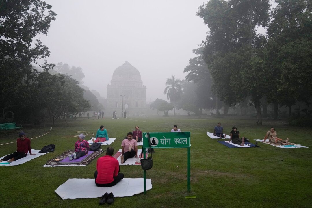 Wegen Smogs: Grundschüler in Neu-Delhi im Fernunterricht - Menschen machen trotz extremer Luftverschmutzung Yoga in einem Park in Neu-Delhi. 