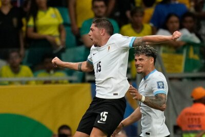 WM-Quali: Sieg für Argentinien - Remis für Brasilien - Uruguays Federico Valverde (l) freut sich mit seinem Team über das Remis gegen Brasilien. 