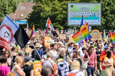 Zufriedenheit mit der deutschen Demokratie nimmt stark ab - Demonstranten halten bei einer Kundgebung gegen den AfD-Bundesparteitag in Essen eine Tafel mit der Aufschrift "Für Demokratie" hoch. (Archivbild) 