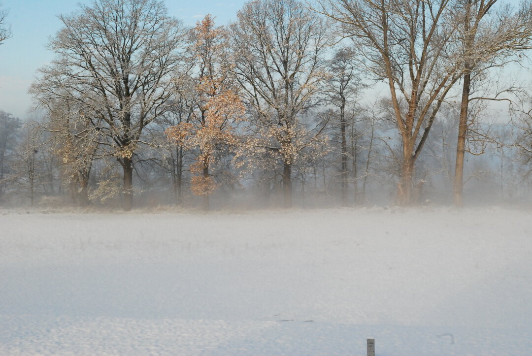 Frankenberg Blick in Richtung Auenwiesen an der Zschopau. <br />
Winterlandschaft im Nebel.